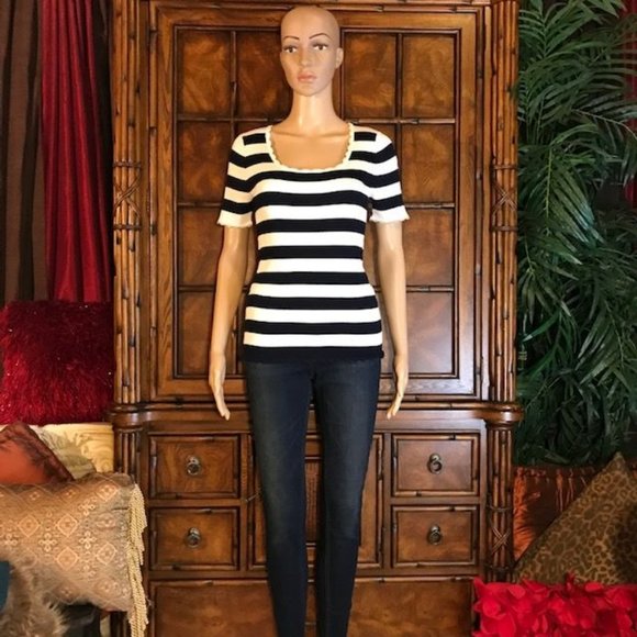 LOFT Scallop Gold Tip Sleeve Stripe Rib Knit Top - Picture 3 of 14